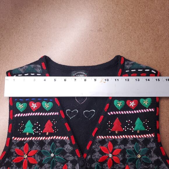 Designers Originals Studio Sweater Vest Women M Black Christmas Applique Holiday - Picture 5 of 9